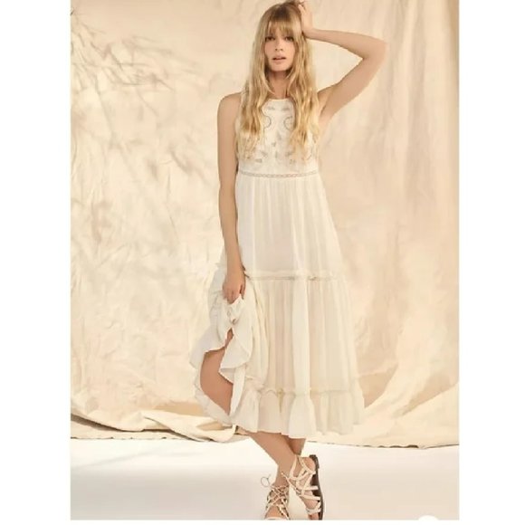 Anthropologie Pinnacle Cream Embroidered Maxi Boho Dress Sz L - Picture 1 of 15